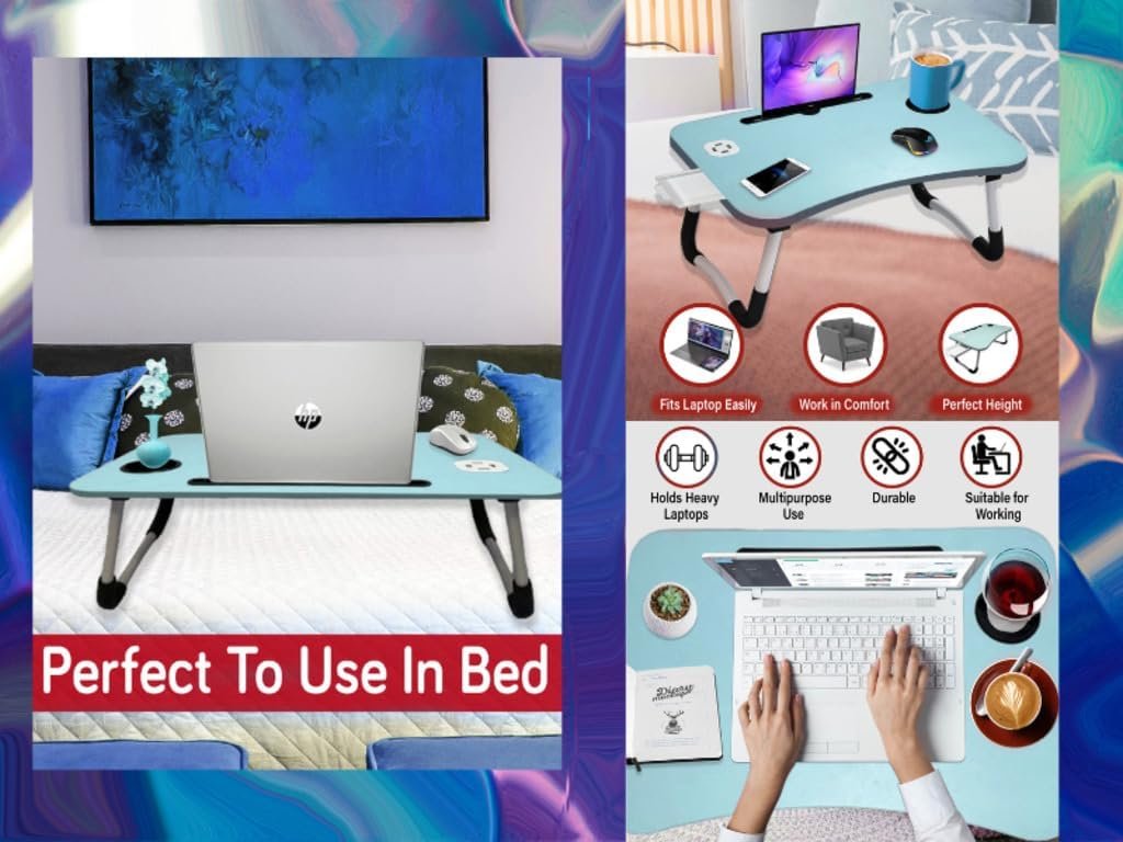 Laptop Table Bed Desk Tray Upgraded with USB Ports, Pad  Cup Holder, Drawer - for Bed/Sofa/Couch/Floor/Work/Study/Reading/Writing/Drawing/Homework - Foldable  Portable Breakfast Table Lap Desk