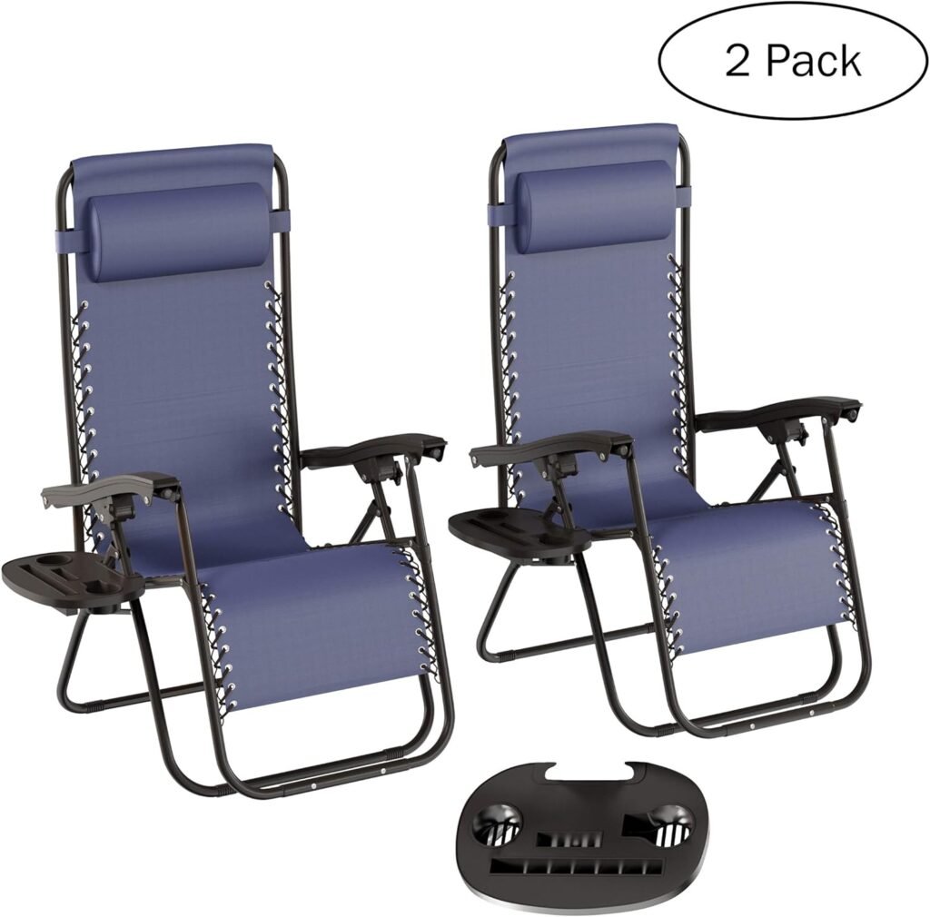 Lavish Home Navy Blue Outdoor Zero Lounge Chairs Folding Anti-Gravity Recliners with Side Table, Cup Holder  Pillow 63.5 D x 25 W x 43 H Set of 2