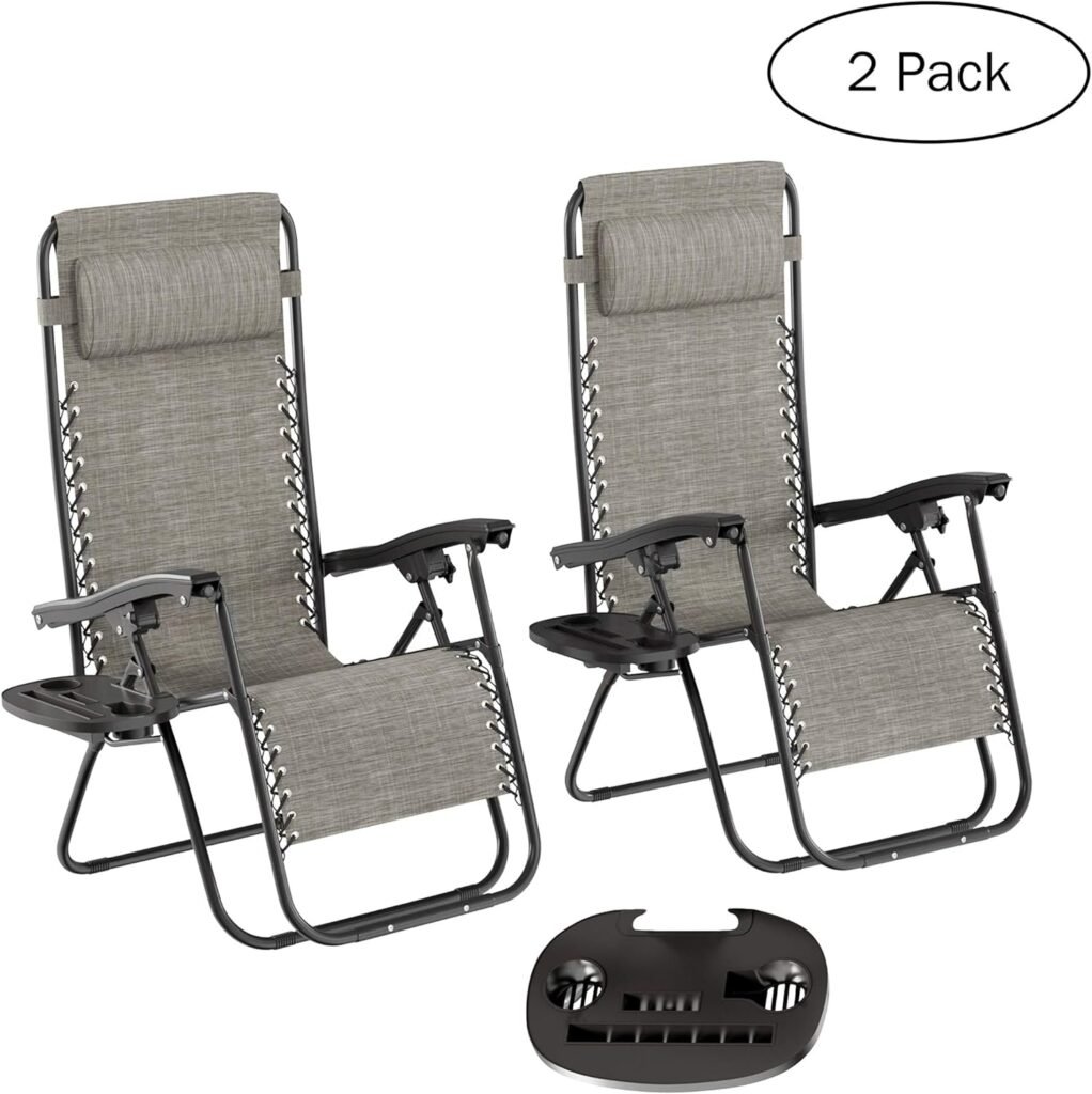 Lavish Home Navy Blue Outdoor Zero Lounge Chairs Folding Anti-Gravity Recliners with Side Table, Cup Holder  Pillow 63.5 D x 25 W x 43 H Set of 2