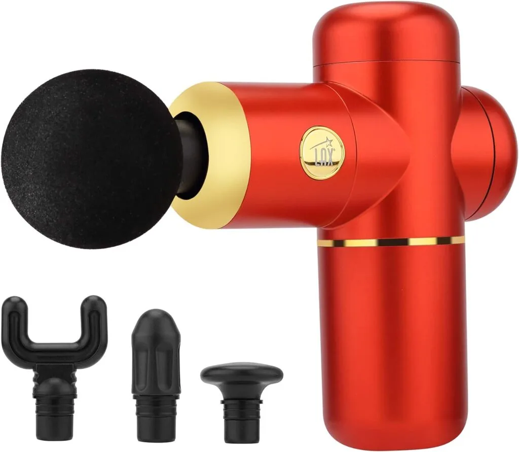 LAX Gadgets Massage Gun - Deep Tissue Percussion Muscle Massager Gun - Pain Relief Therapy and Relaxation - Handheld Lightweight  Portable Design - 4 Different Massage Heads - Red