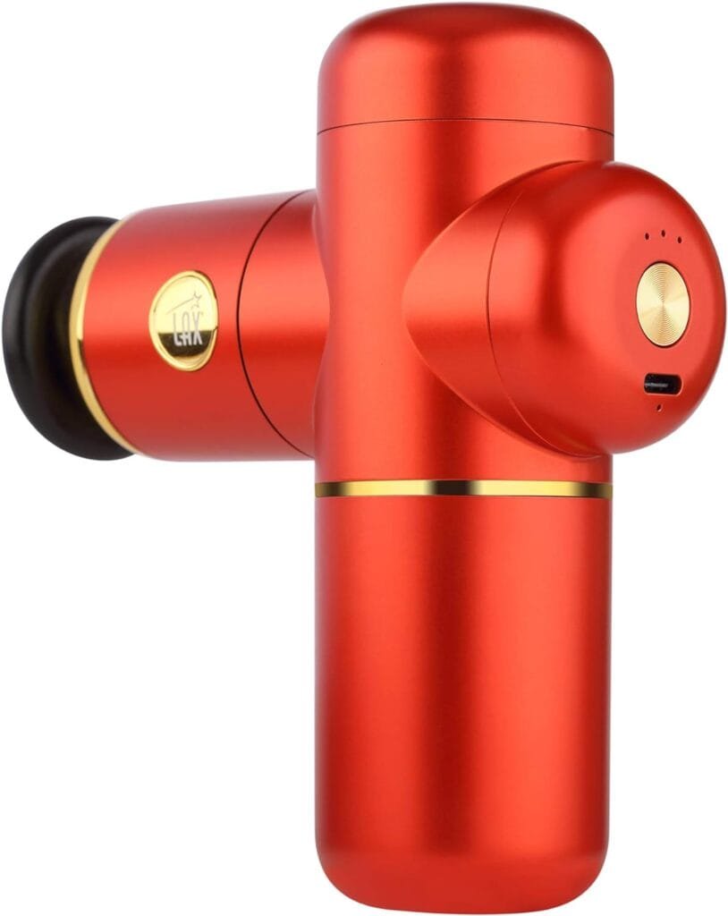 LAX Gadgets Massage Gun - Deep Tissue Percussion Muscle Massager Gun - Pain Relief Therapy and Relaxation - Handheld Lightweight  Portable Design - 4 Different Massage Heads - Red