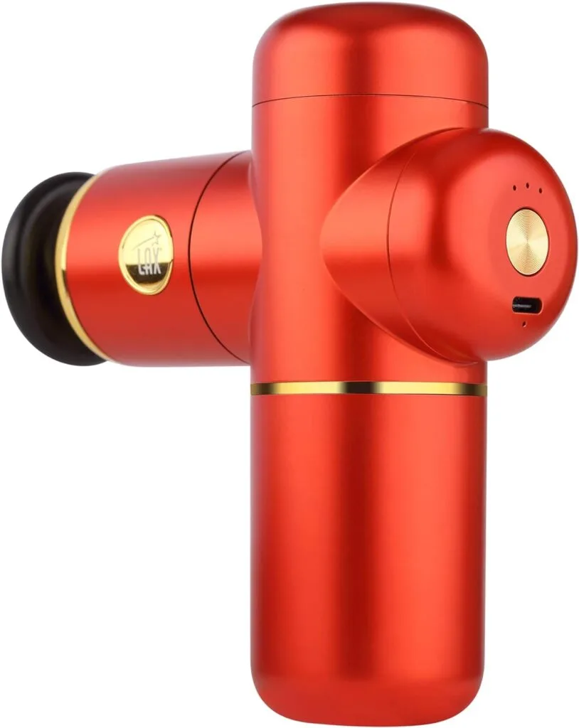 LAX Gadgets Massage Gun - Deep Tissue Percussion Muscle Massager Gun - Pain Relief Therapy and Relaxation - Handheld Lightweight  Portable Design - 4 Different Massage Heads - Red