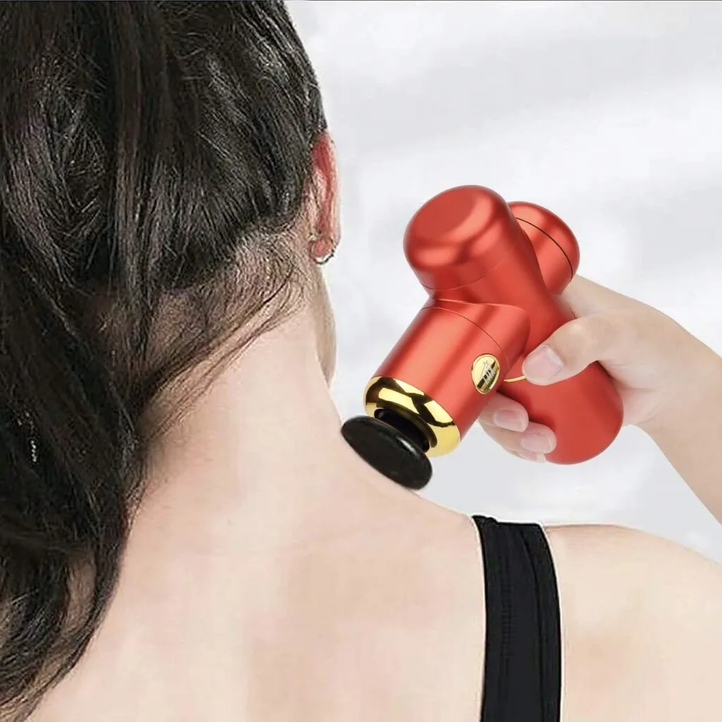 LAX Gadgets Massage Gun - Deep Tissue Percussion Muscle Massager Gun - Pain Relief Therapy and Relaxation - Handheld Lightweight  Portable Design - 4 Different Massage Heads - Red