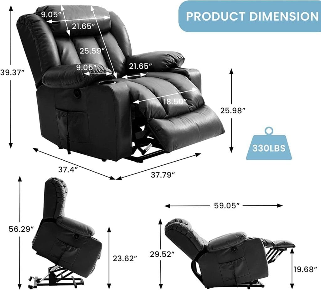 LEISLAND Power Lift Chairs Recliners for Elderly, Breathable Leather Recliner Chairs with Massage and Heat, Sleeper Chair with Cup Holder,USB Charge, Remote Control(Black)