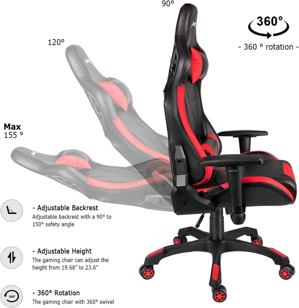 Leopard Gaming Chair, High Back PU Leather Office Chair, Adjustable Video Gaming Chairs, Swivel Racing Chair with Adjustable Armrest (Black/Red)