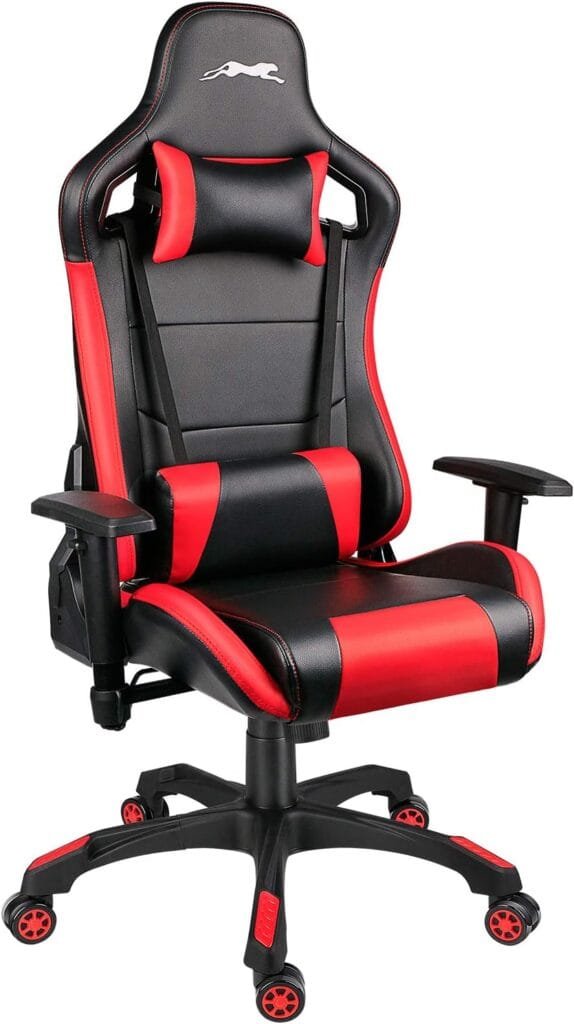 Leopard Gaming Chair, High Back PU Leather Office Chair, Adjustable Video Gaming Chairs, Swivel Racing Chair with Adjustable Armrest (Black/Red)