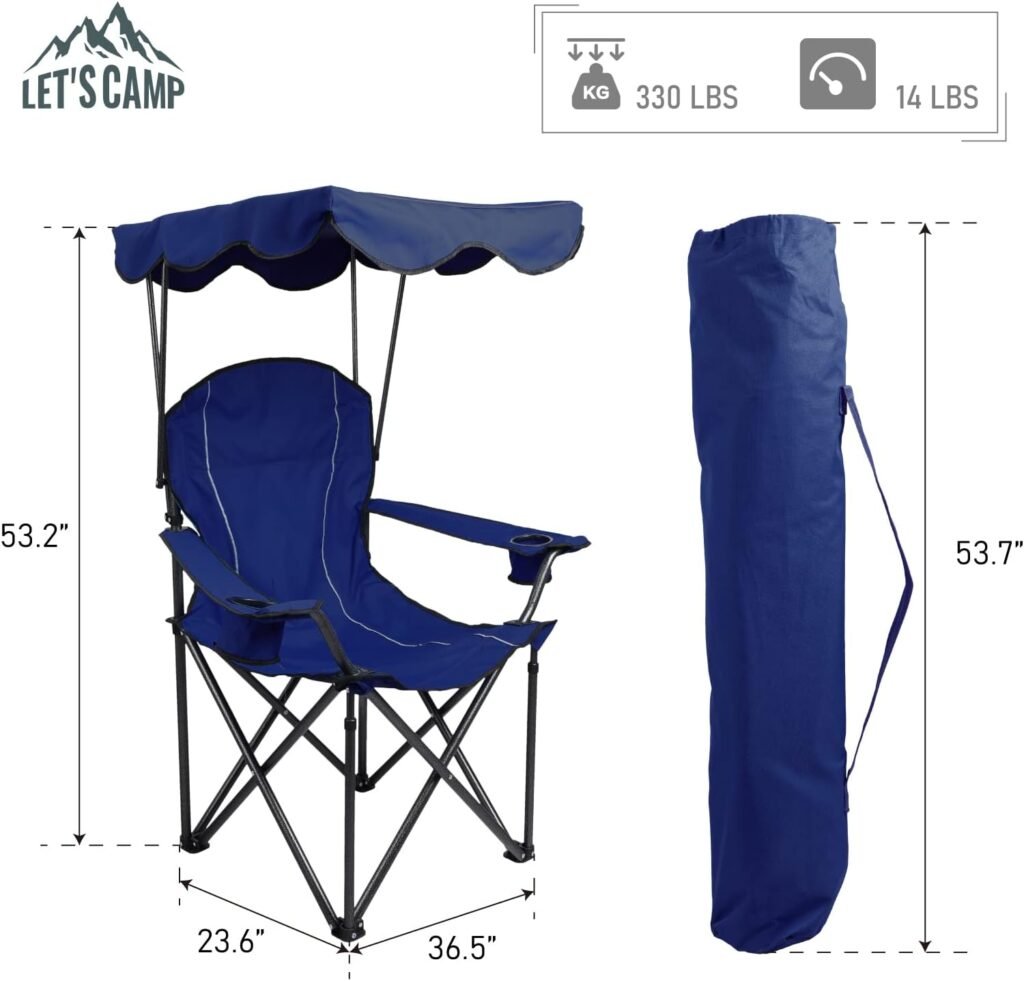 LETS CAMP Camp Chair with Shade Canopy Folding Camping Recliner Chair with Carry Bag for Outdoor Camping Hiking Beach, Heavy Duty 350 LBS