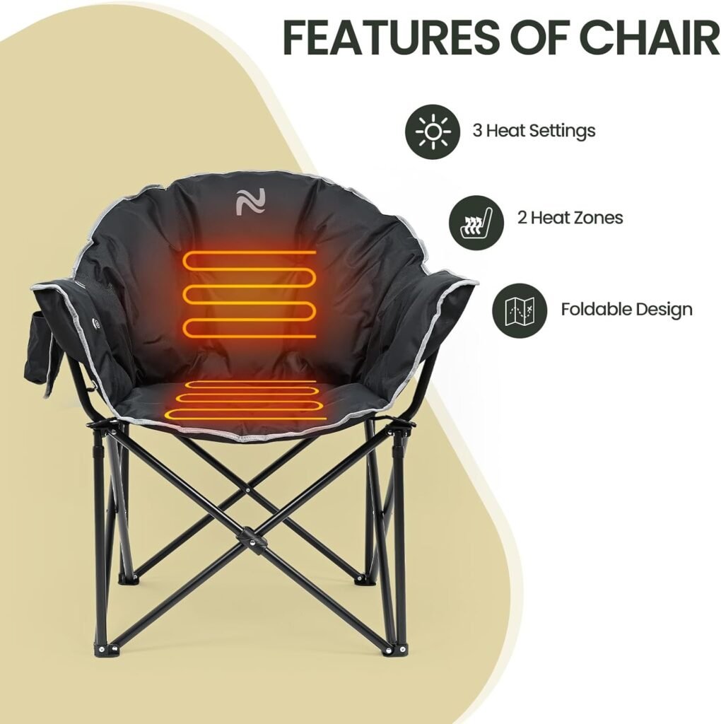 LILYPELLE Oversized Heated Camping Chair, Patio Lounge Chairs with 3 Heat Levels, Portable Folding Heated Chair Round Moon Saucer Folding Lawn Chair Outdoor Chair for Camping, Lounge Patio