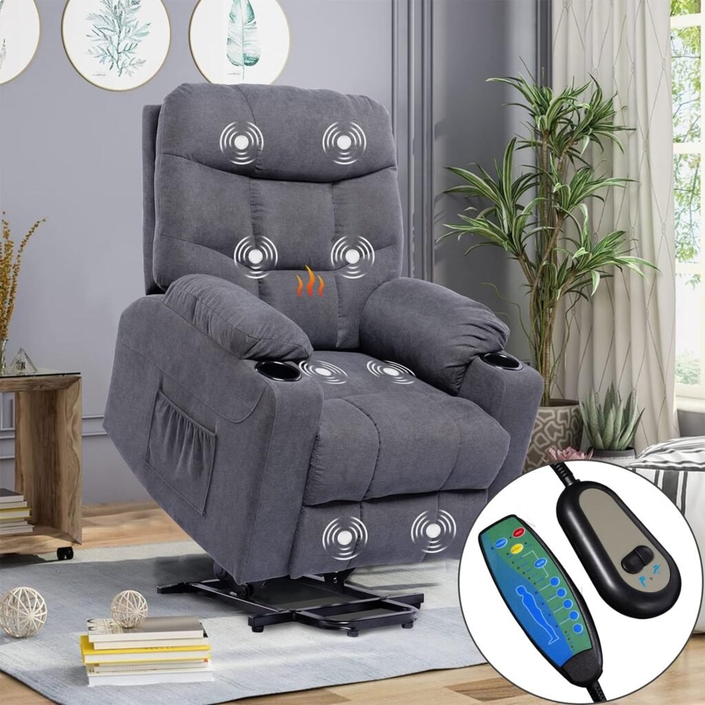 Living Room Power Lift Massage Recliner Chair for Elderly Heated Ergonomic Lounge Fabric Vibratory Massage Chair with Cup Holders/Heating/Remote Control Grey