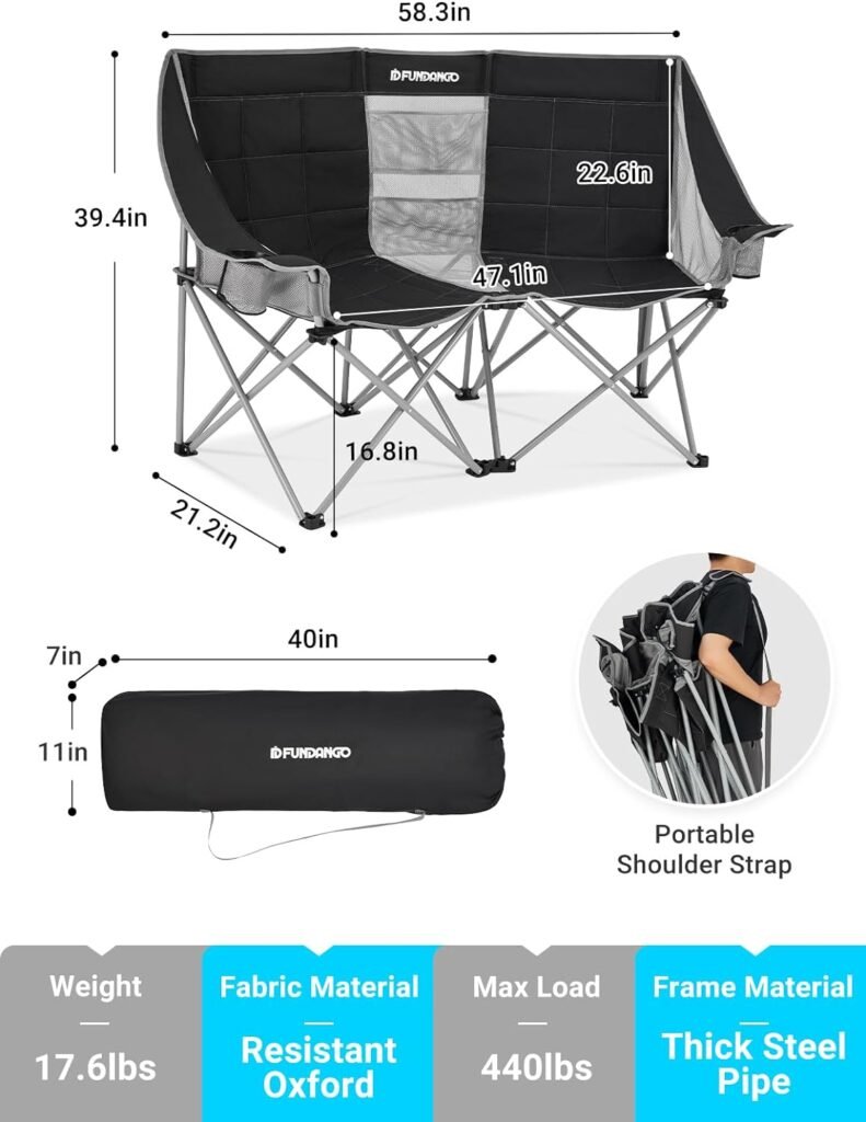 Loveseat Camping Chairs Adults 2 Person Oversized Double Camping Chair for Outside Picnic Beach Travel, Love Seat Camp Chair, Oversized, Black/Grey