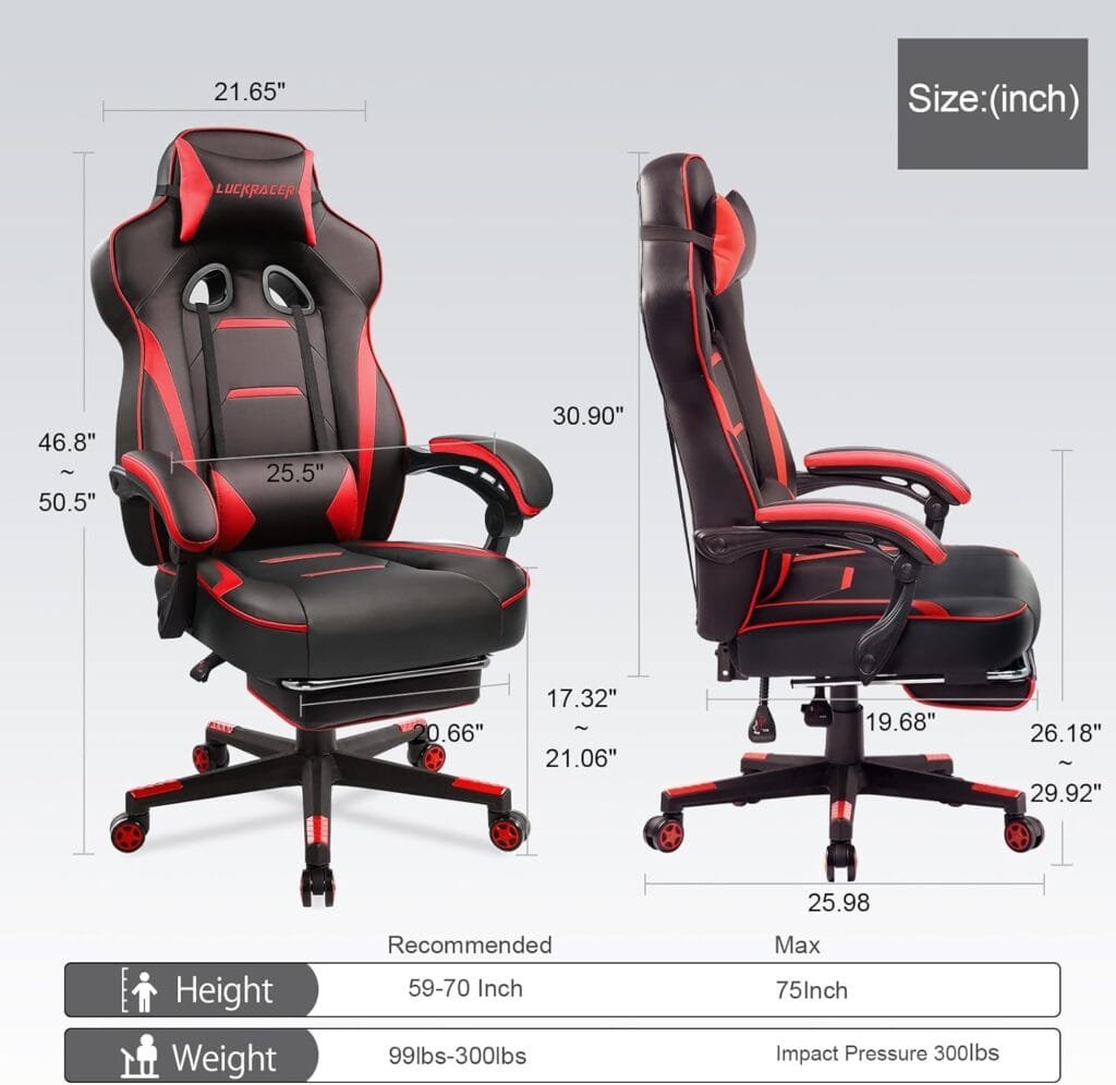 LUCKRACER Gaming Chair with Footrest Office Desk Chair Ergonomic Gaming Chair PU Leather High Back Adjustable Swivel Lumbar Support Racing Style E-Sports Gamer Chairs by GTRACING (Gray)