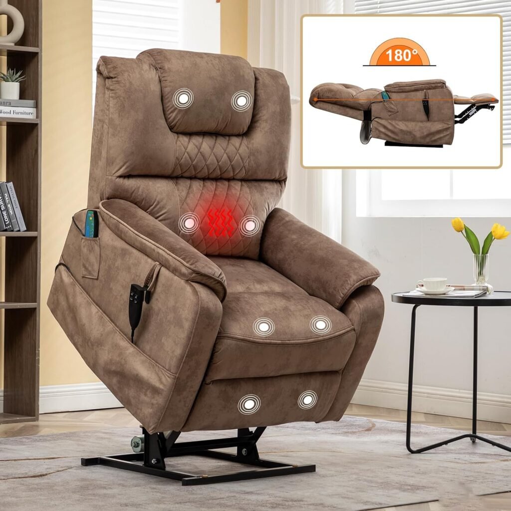 LUSPAZ Large Power Lift Recliner Chair for Elderly,Dual OKIN Motor Massage Chair Recliner with Heat,180 Lay Flat Recliner,Brown Velvet Big Man Recliners,Living Room Chairs