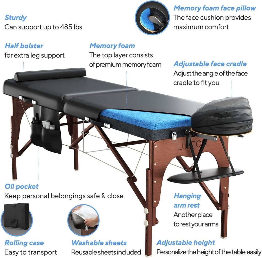 Luxton Premium Memory Foam Massage Table - Rolling Travel Case, Washable Sheets, Thicker  Wider