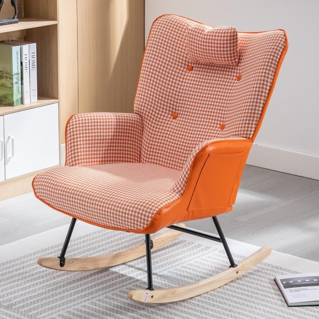 LuxyHoom Kids Rocking Chair Nursery, Modern Houndstooth Rocking Armchair with Headrest,Side Pocket, Comfy Wingback Baby Rocker Glider Chair for Nursery, Bedroom, Living Room, Houndstooth Orange