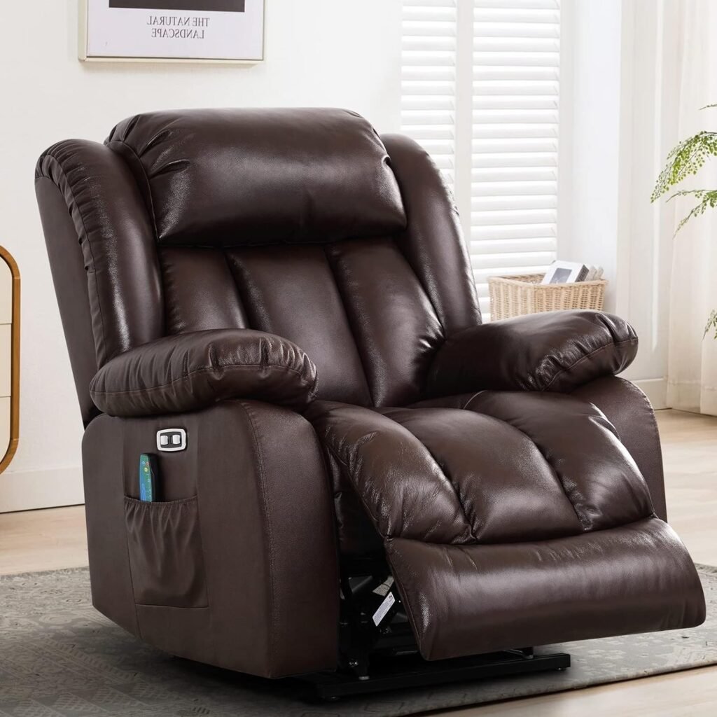 MAEVIS Lift Recliner,Large Lay Flat Sleeping Genuine Leather Lift Recliner Chairs for Elderly with Heat and Massage, with Dual OKIN Motor,Overstuffed Wide Recliners for Living Room,USB Ports (Brown)