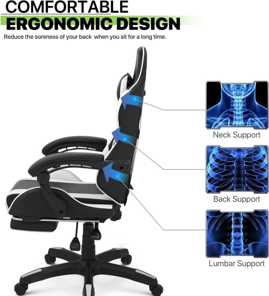 Magshion Gaming Chair with Footrest Headrest  Lumbar Support, Black High Back Ergonomic Video Game Chair Adjustable Height Swivel Leather Computer Chair for Home Office