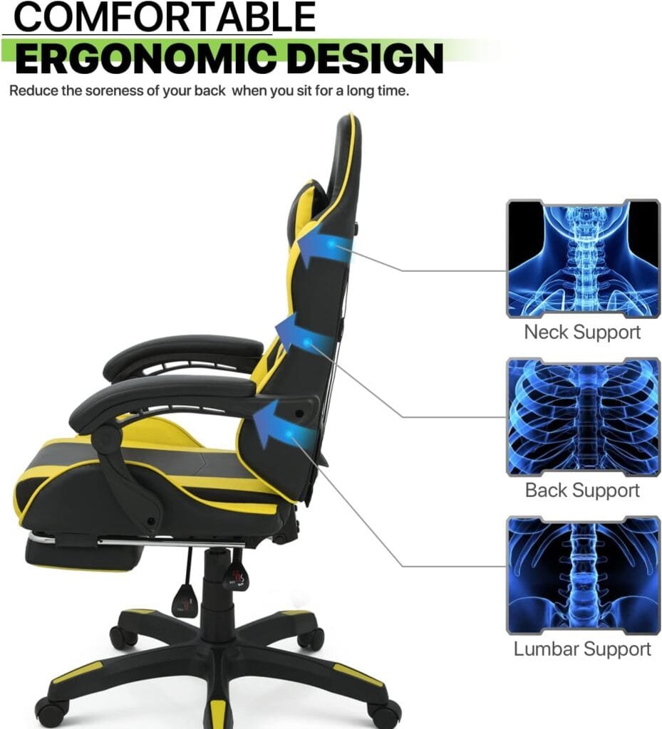 Magshion Gaming Chair with Footrest Headrest  Lumbar Support, Black High Back Ergonomic Video Game Chair Adjustable Height Swivel Leather Computer Chair for Home Office
