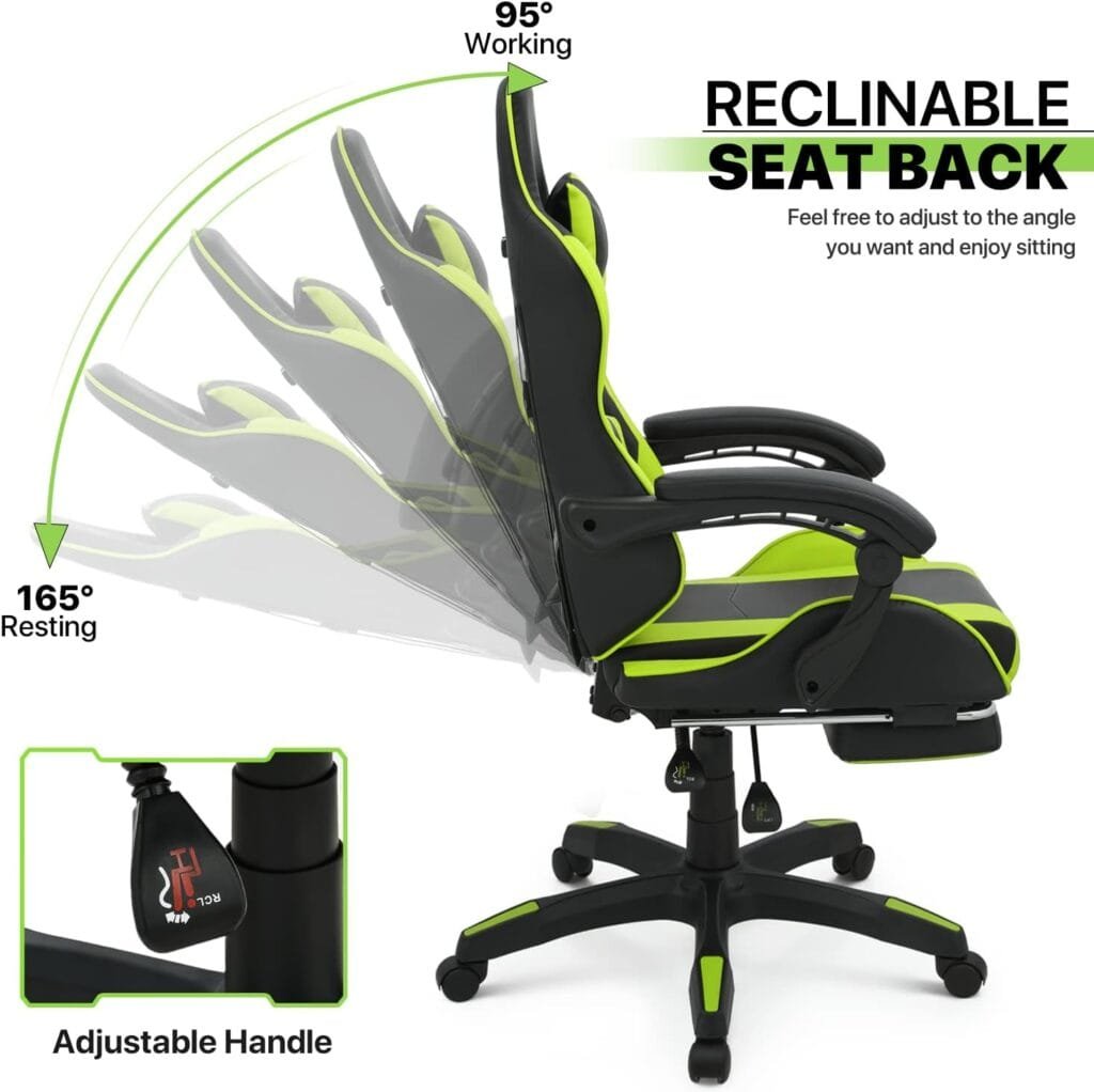 Magshion Gaming Chair with Footrest Headrest  Lumbar Support, Black High Back Ergonomic Video Game Chair Adjustable Height Swivel Leather Computer Chair for Home Office
