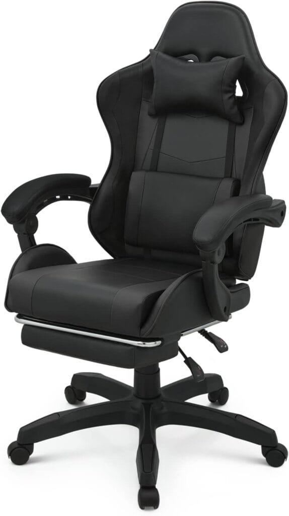 Magshion Gaming Chair with Footrest Headrest  Lumbar Support, Black High Back Ergonomic Video Game Chair Adjustable Height Swivel Leather Computer Chair for Home Office