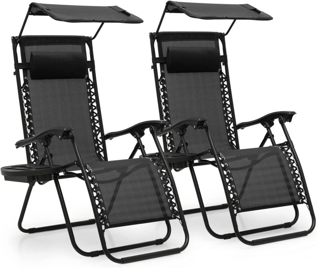 Magshion Set of 2 Outdoor Zero Gravity Chair Reclining Lounger with Sun Shade and Mesh Back, Cup Holder  Side Table, Support 300lbs, Black