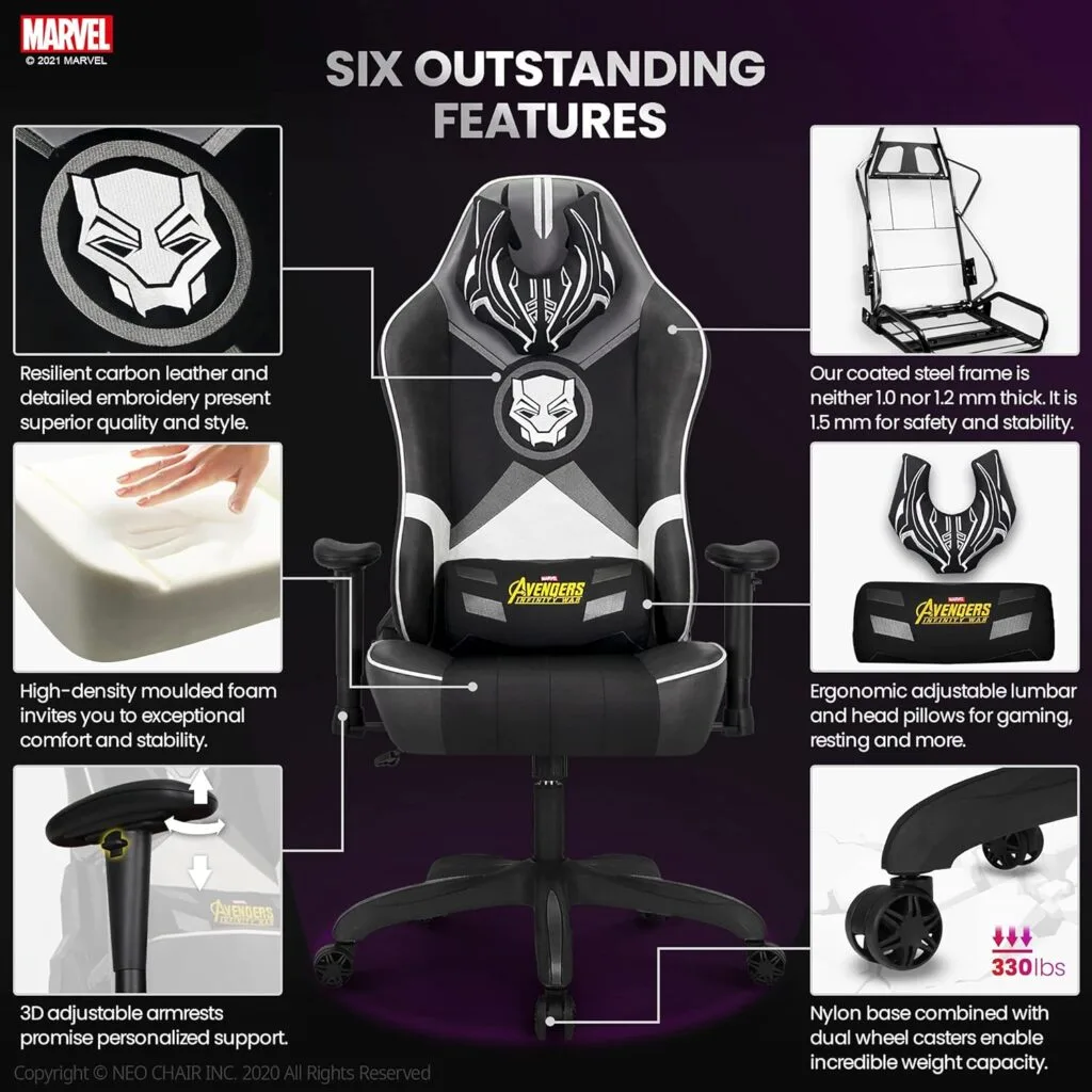 Marvel Avengers Gaming Chair Desk Office Computer Racing Chairs - Adults Gamer Ergonomic Game Reclining High Back Support Racer Leather (Black Panther, White (M))