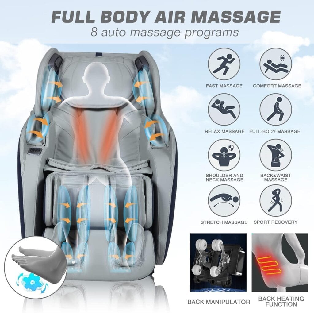 Massage Chair, SL Track Full Body Airbags Massage Chairs with Zero Gravity, Thai/Yoga Stretch Massage, Back Heating, Bluetooth Speaker, Space Save, Foot Roller Shiatsu Massage Recliner Blue