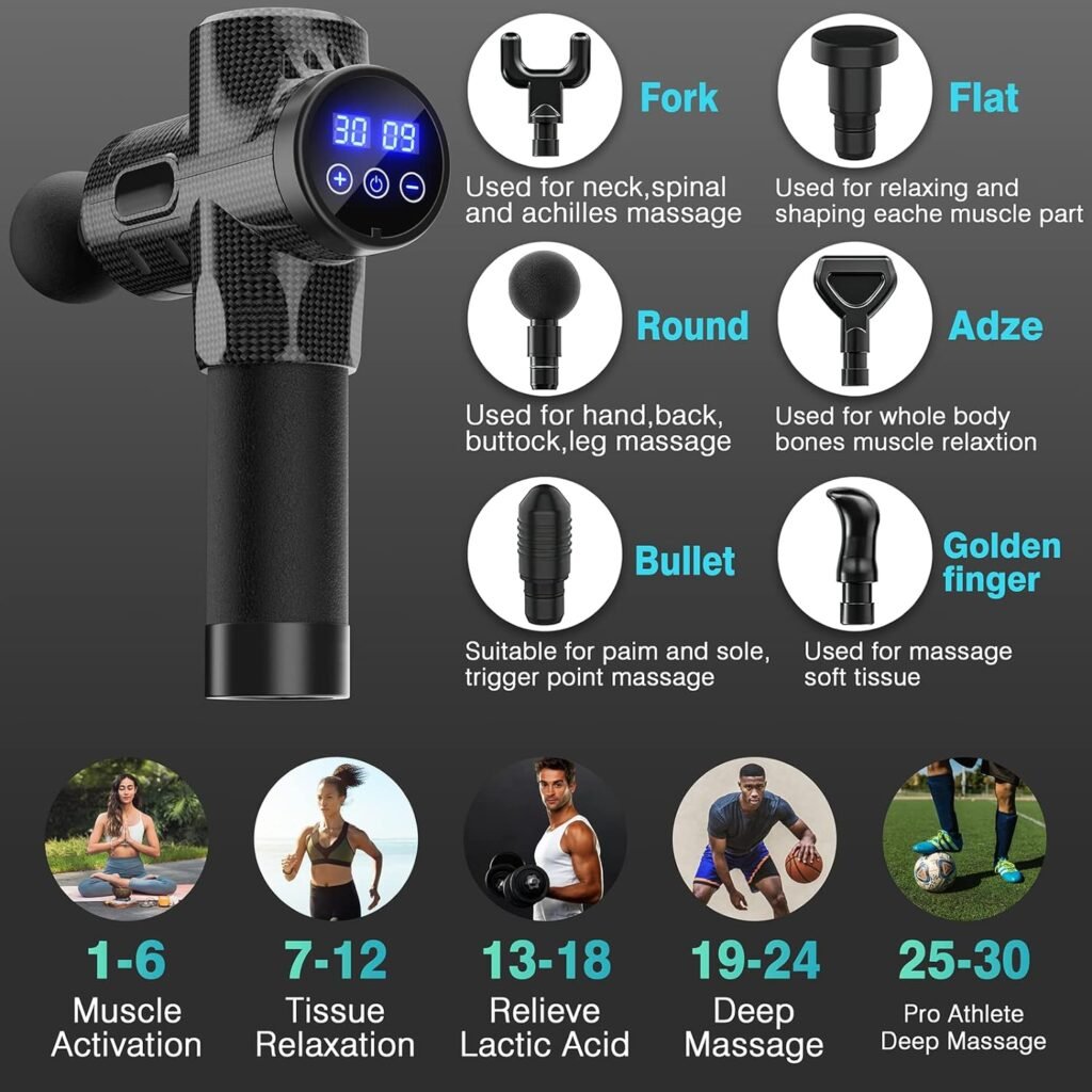 Massage Gun, Muscle Massage Gun Deep Tissue for Athletes, Portable Percussion Massage Gun for Pain Relief, Quiet Electric Sport Massager, Handheld Body Massager with 12 Massage Heads