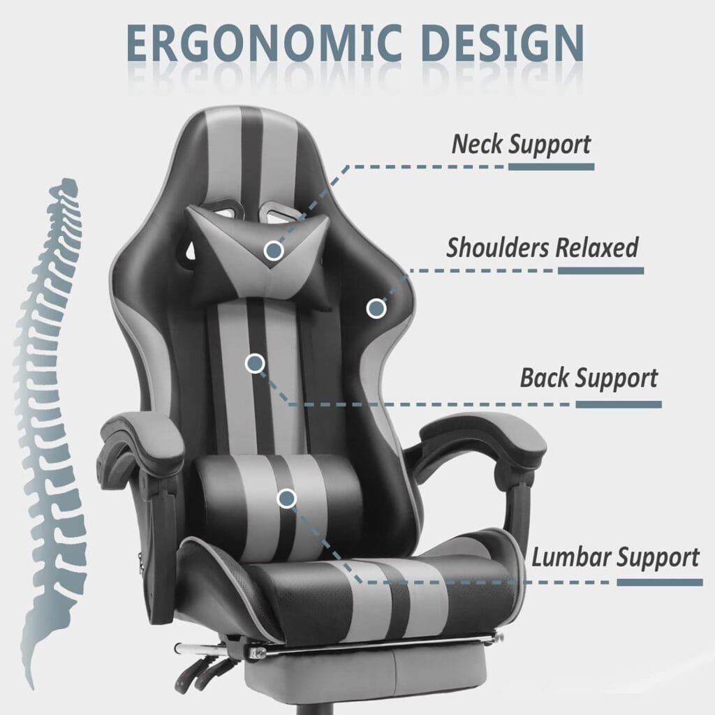 Massage Racing Chair for Gaming,PC Gaming Chair,Video Game Chair,Computer Chair, E-Sports Chair,Ergonomic Office Chair with Retractable Footrest and Adjustable Headrest and Lumbar Support(Cool Grey)