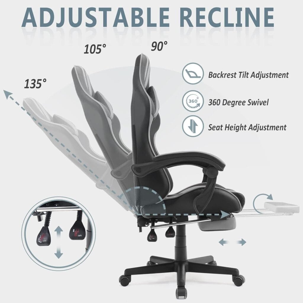 Massage Racing Chair for Gaming,PC Gaming Chair,Video Game Chair,Computer Chair, E-Sports Chair,Ergonomic Office Chair with Retractable Footrest and Adjustable Headrest and Lumbar Support(Cool Grey)