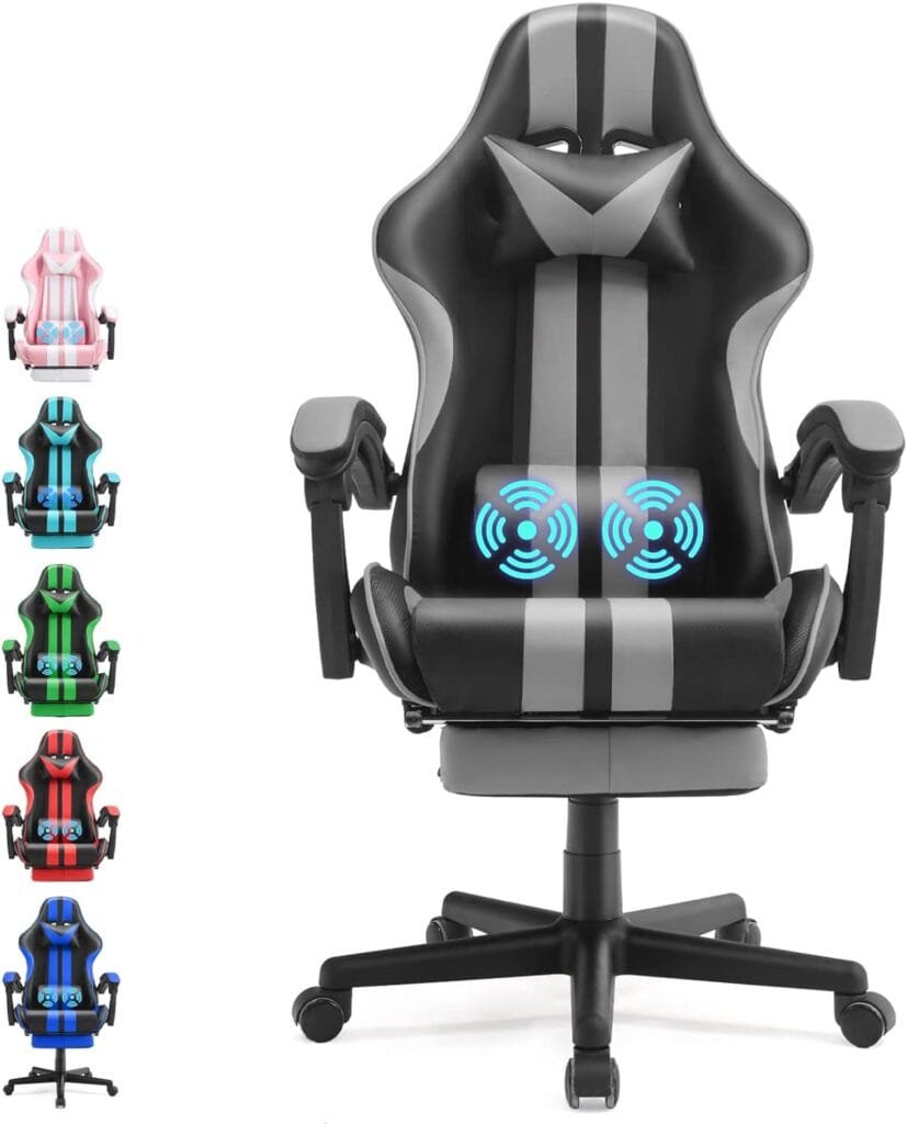 Massage Racing Chair for Gaming,PC Gaming Chair,Video Game Chair,Computer Chair, E-Sports Chair,Ergonomic Office Chair with Retractable Footrest and Adjustable Headrest and Lumbar Support(Cool Grey)