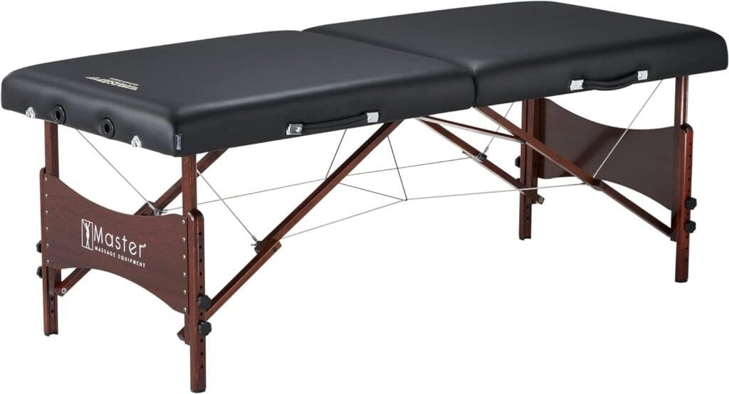 Master Massage Newport Portable Massage Table Package with Denser 2.5 Cushion, Walnut Stained Hardwood, Steel Support Cables, Pillows  Accessories, Black, 30