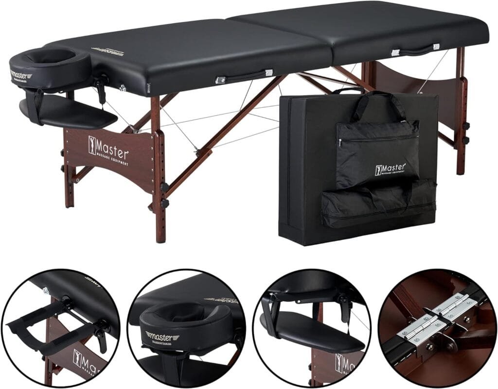 Master Massage Newport Portable Massage Table Package with Denser 2.5 Cushion, Walnut Stained Hardwood, Steel Support Cables, Pillows  Accessories, Black, 30