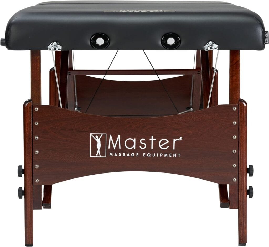 Master Massage Newport Portable Massage Table Package with Denser 2.5 Cushion, Walnut Stained Hardwood, Steel Support Cables, Pillows  Accessories, Black, 30