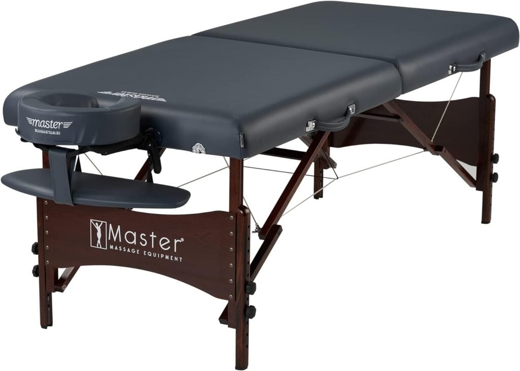 Master Massage Newport Portable Massage Table Package with Denser 2.5 Cushion, Walnut Stained Hardwood, Steel Support Cables, Pillows  Accessories, Royal Blue, 30