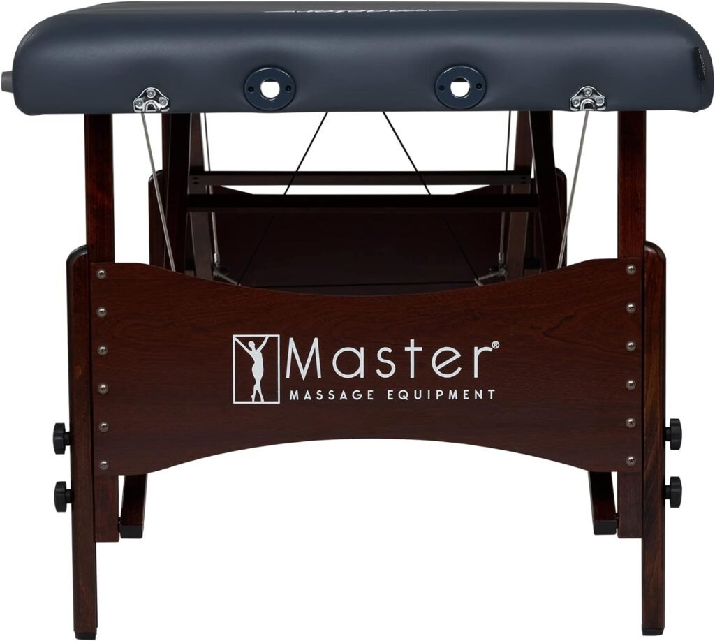 Master Massage Newport Portable Massage Table Package with Denser 2.5 Cushion, Walnut Stained Hardwood, Steel Support Cables, Pillows  Accessories, Royal Blue, 30