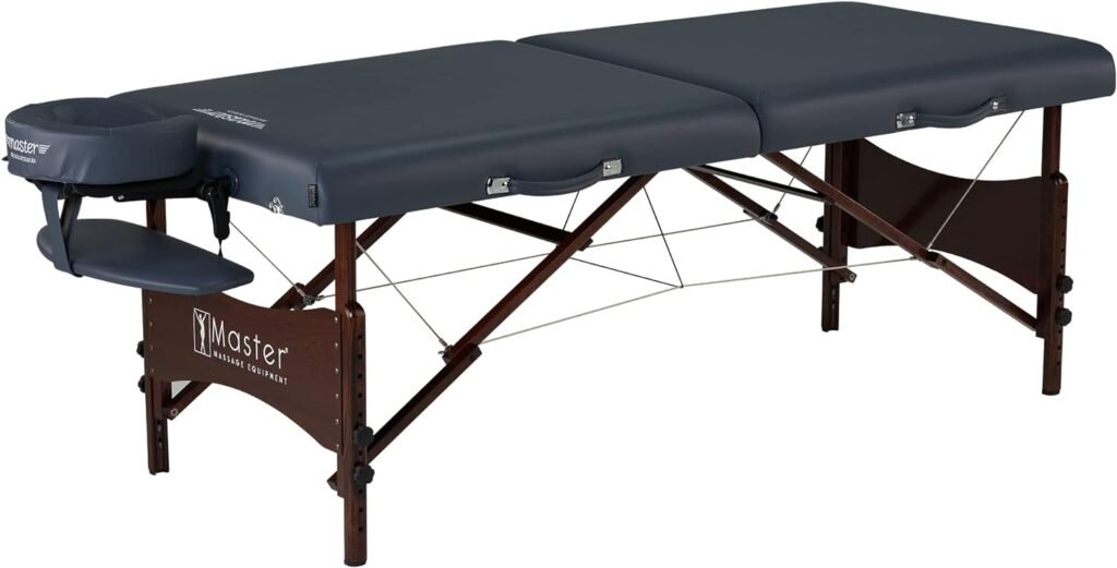 Master Massage Newport Portable Massage Table Package with Denser 2.5 Cushion, Walnut Stained Hardwood, Steel Support Cables, Pillows  Accessories, Royal Blue, 30