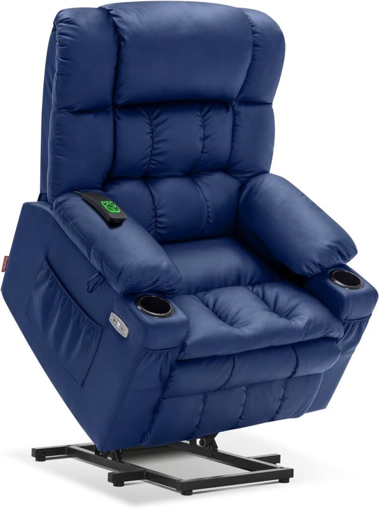 MCombo Dual Motor Power Lift Recliner Chair with Massage and Heat for Elderly People, Infinite Position, USB Ports, Cup Holders, Extended Footrest, Faux Leather 7890 (Blue, Medium)