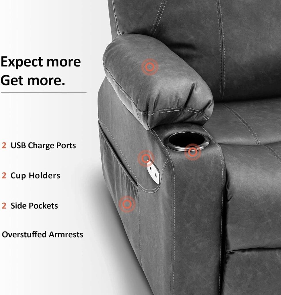 MCombo Electric Power Lift Recliner Chair Sofa with Massage and Heat for Elderly, 3 Positions, 2 Side Pockets, and Cup Holders, USB Ports, Faux Leather 7040 (Solid Black, Medium)