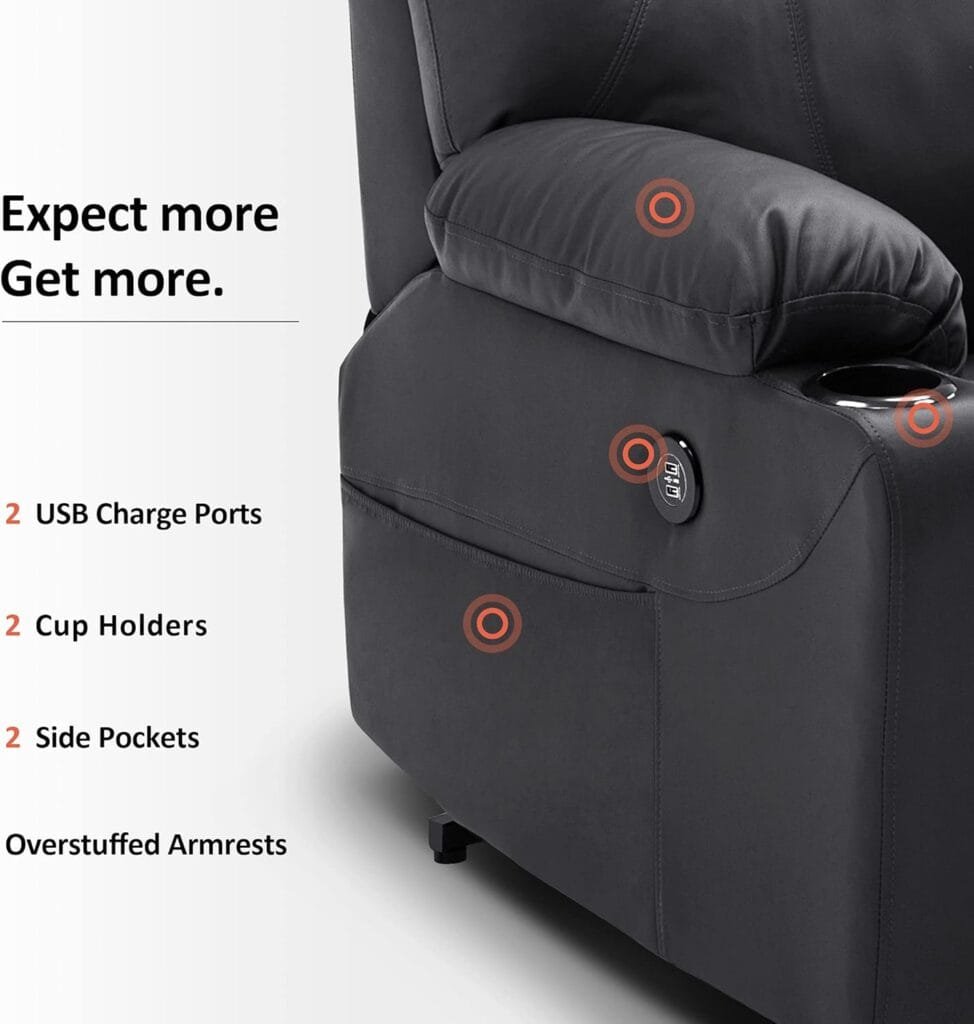 MCombo Electric Power Lift Recliner Chair Sofa with Massage and Heat for Elderly, 3 Positions, 2 Side Pockets, and Cup Holders, USB Ports, Faux Leather 7040 (Solid Black, Medium)
