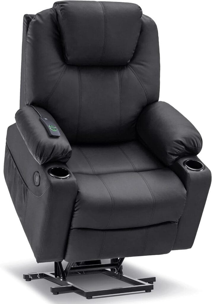 MCombo Electric Power Lift Recliner Chair Sofa with Massage and Heat for Elderly, 3 Positions, 2 Side Pockets, and Cup Holders, USB Ports, Faux Leather 7040 (Solid Black, Medium)