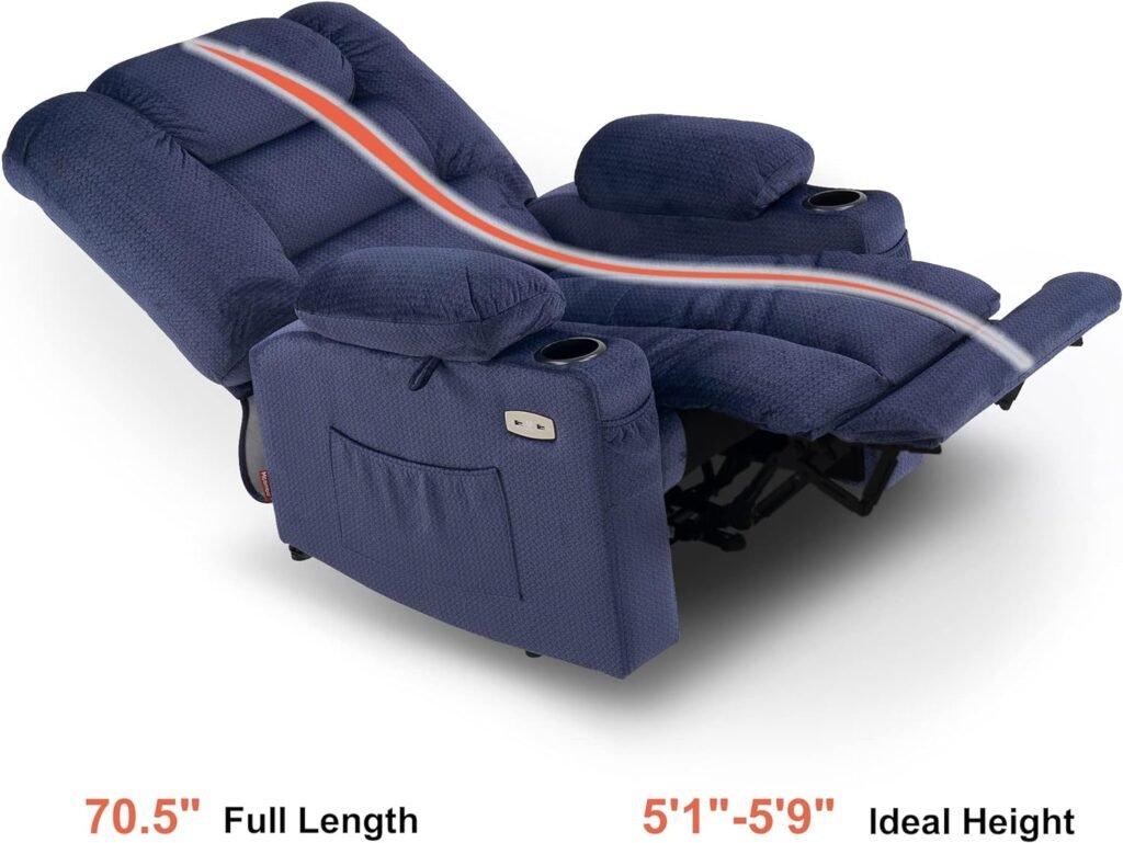 MCombo Electric Power Recliner Chair with Heat and Massage, USB Ports, Cup Holders, Reclining Chair for Living Room 6079 (Navy Blue)