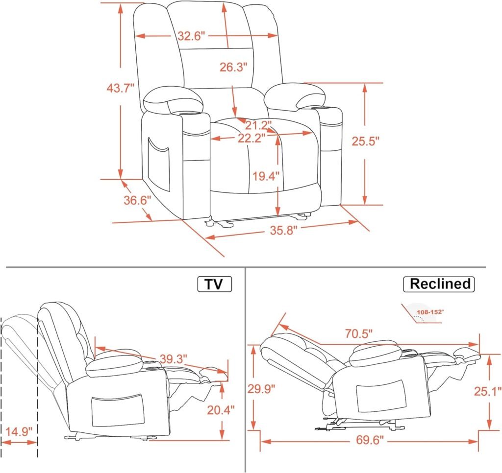 MCombo Electric Power Recliner Chair with Heat and Massage, USB Ports, Cup Holders, Reclining Chair for Living Room 6079 (Navy Blue)