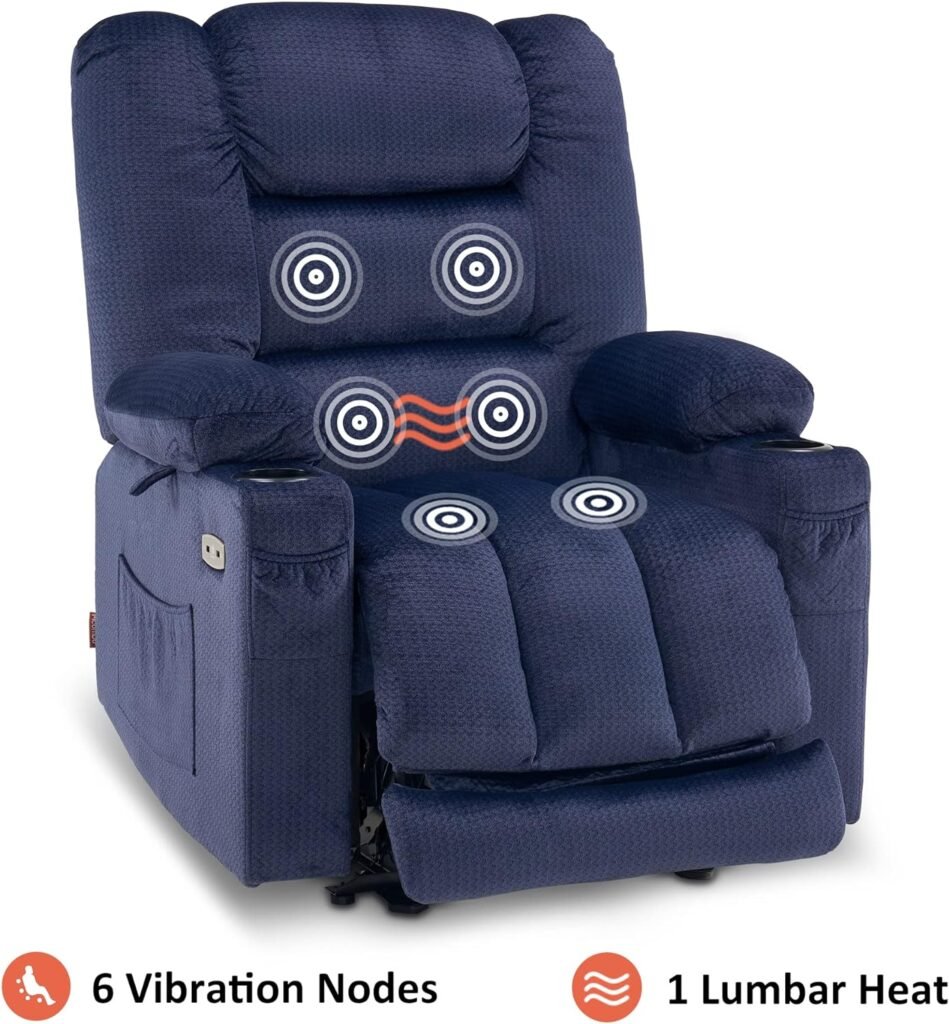 MCombo Electric Power Recliner Chair with Heat and Massage, USB Ports, Cup Holders, Reclining Chair for Living Room 6079 (Navy Blue)