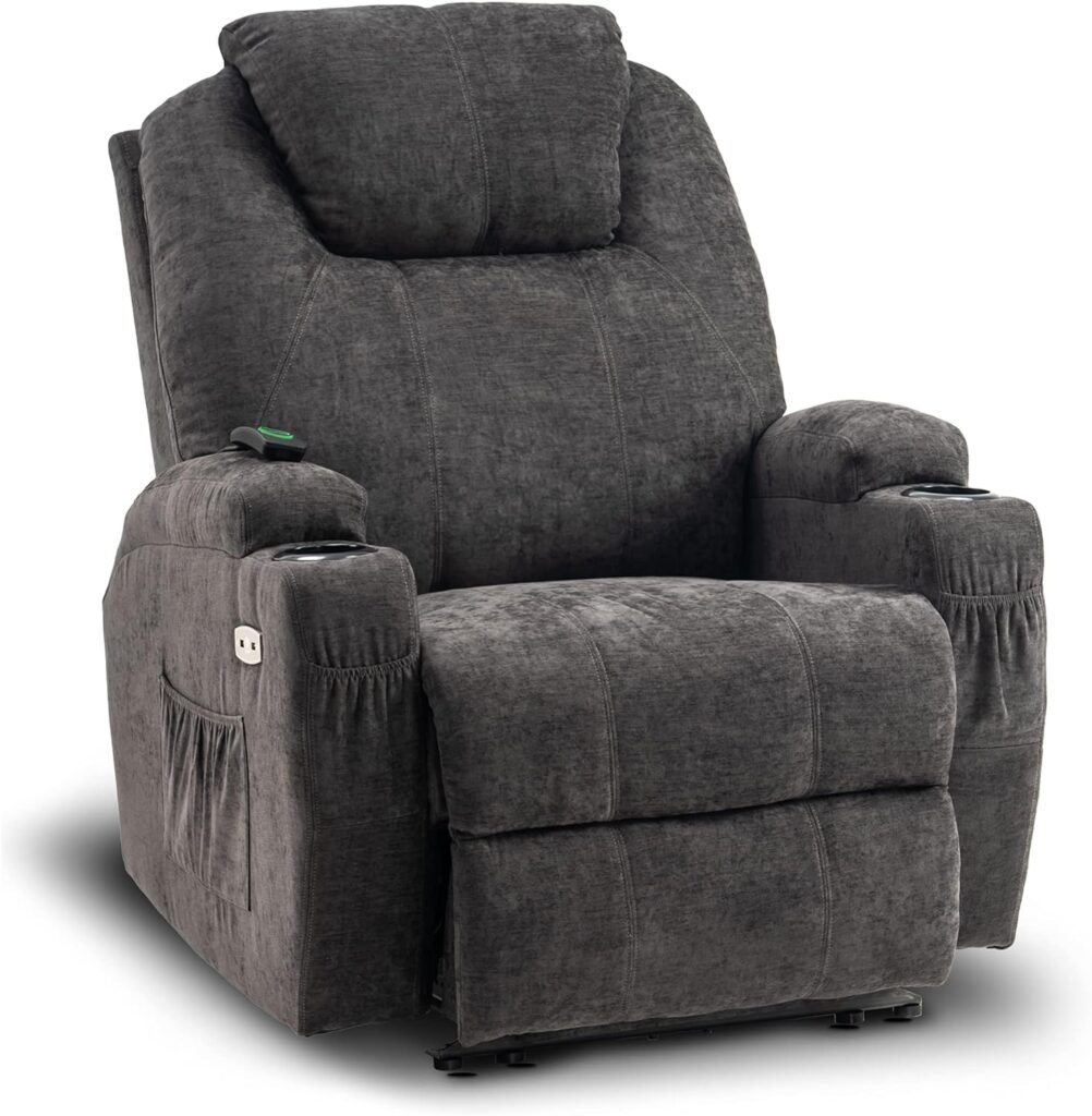 MCombo Electric Power Recliner Chair with Massage and Heat, Extended Footrest, USB Ports and Cup Holders, Fabric 7055 (Dark Grey)