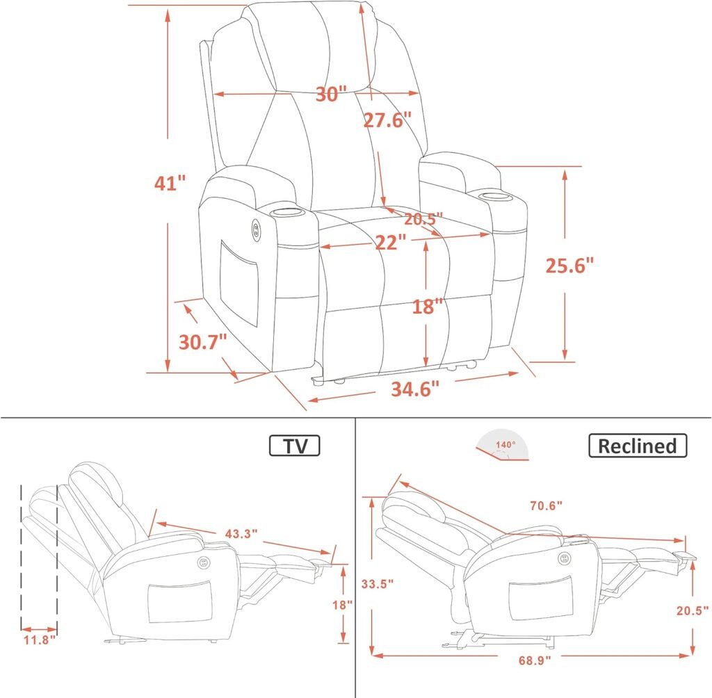 MCombo Electric Power Recliner Chair with Massage and Heat, Extended Footrest, USB Ports and Cup Holders, Fabric 7055 (Dark Grey)