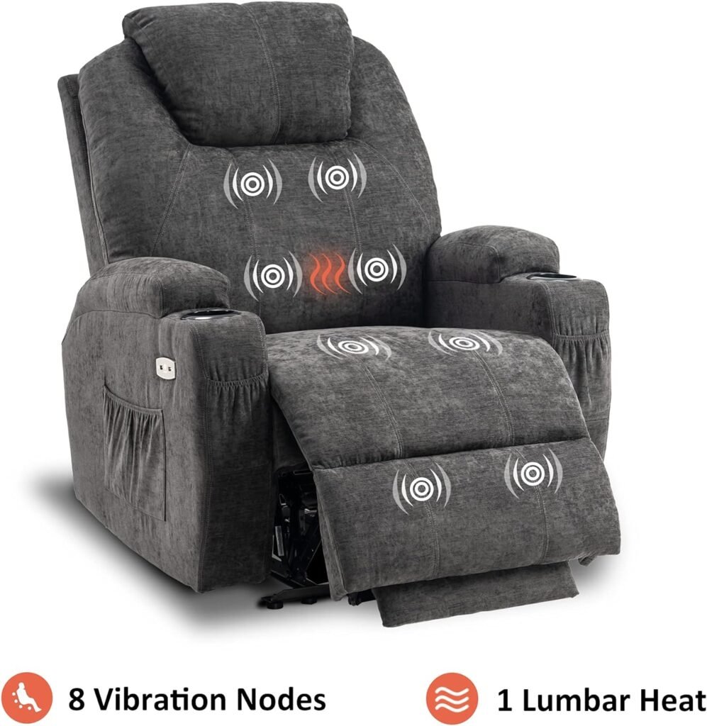 MCombo Electric Power Recliner Chair with Massage and Heat, Extended Footrest, USB Ports and Cup Holders, Fabric 7055 (Dark Grey)