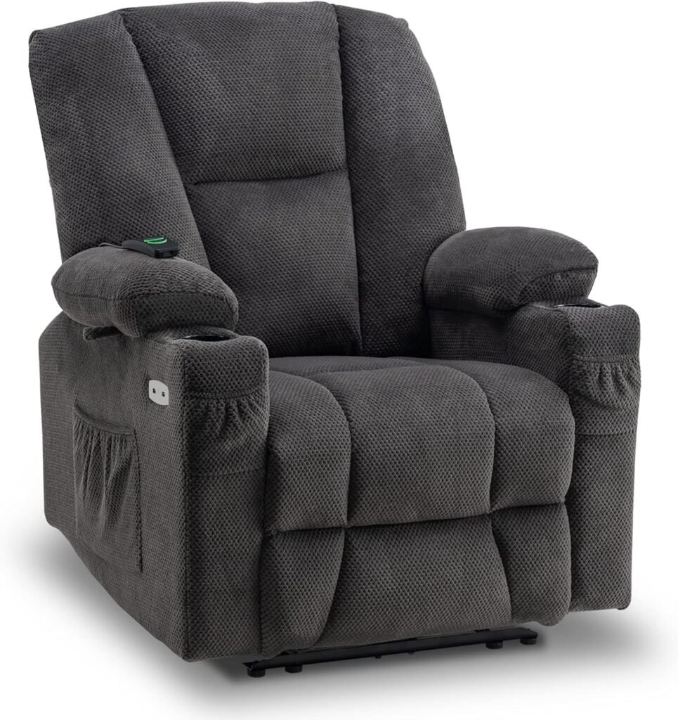 MCombo Fabric Electric Power Recliner Chair with Heat and Massage, Cup Holders, USB Charge Ports, Extended Footrest, Cloth Powered Reclining for Living Room 8015 (Not Lift Chair) (Grey)