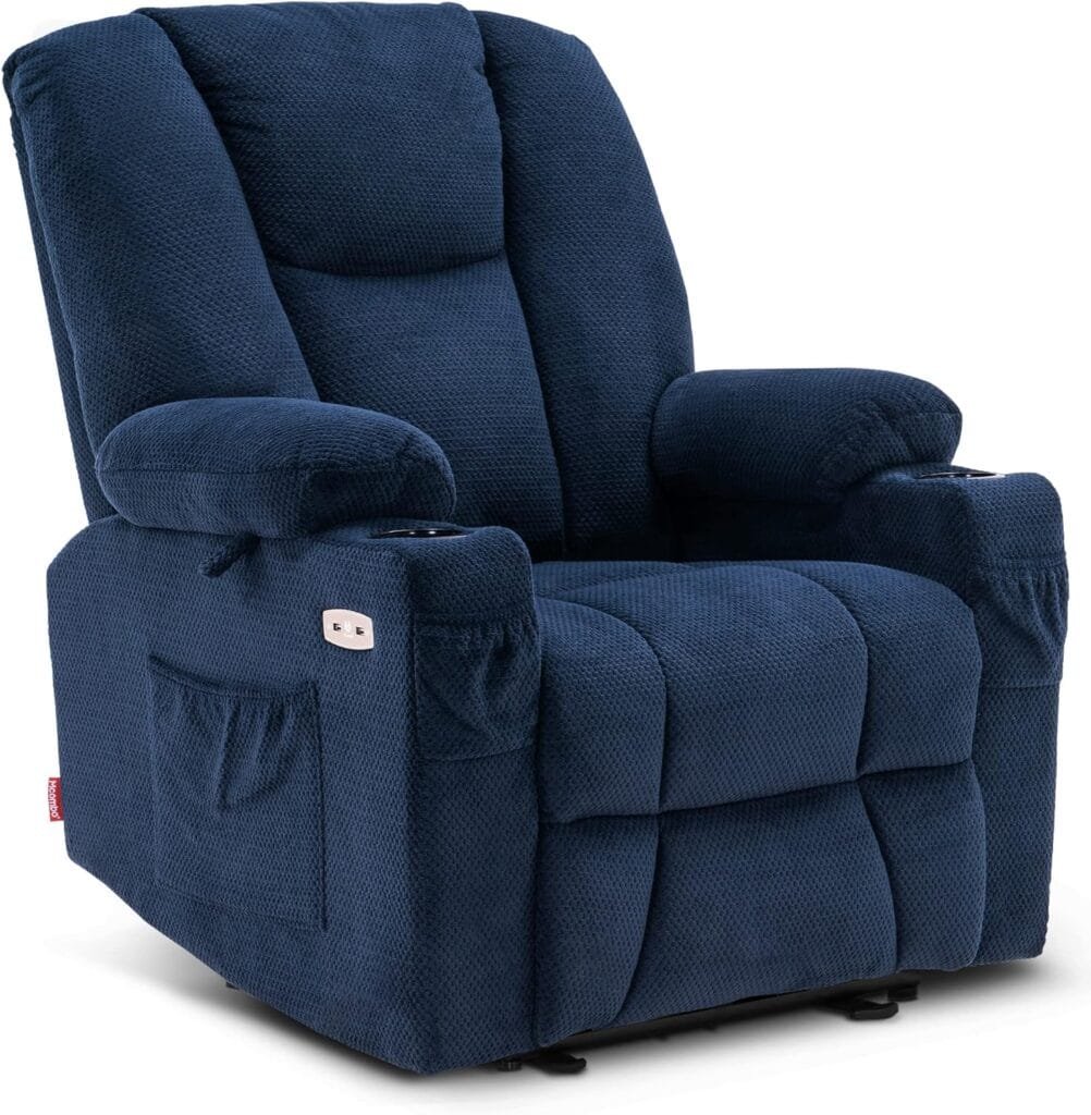 MCombo Fabric Electric Power Recliner Chair with Heat and Massage, Cup Holders, USB Charge Ports, Extended Footrest, Cloth Powered Reclining for Living Room 8015 (Navy Blue, Single Recliner)