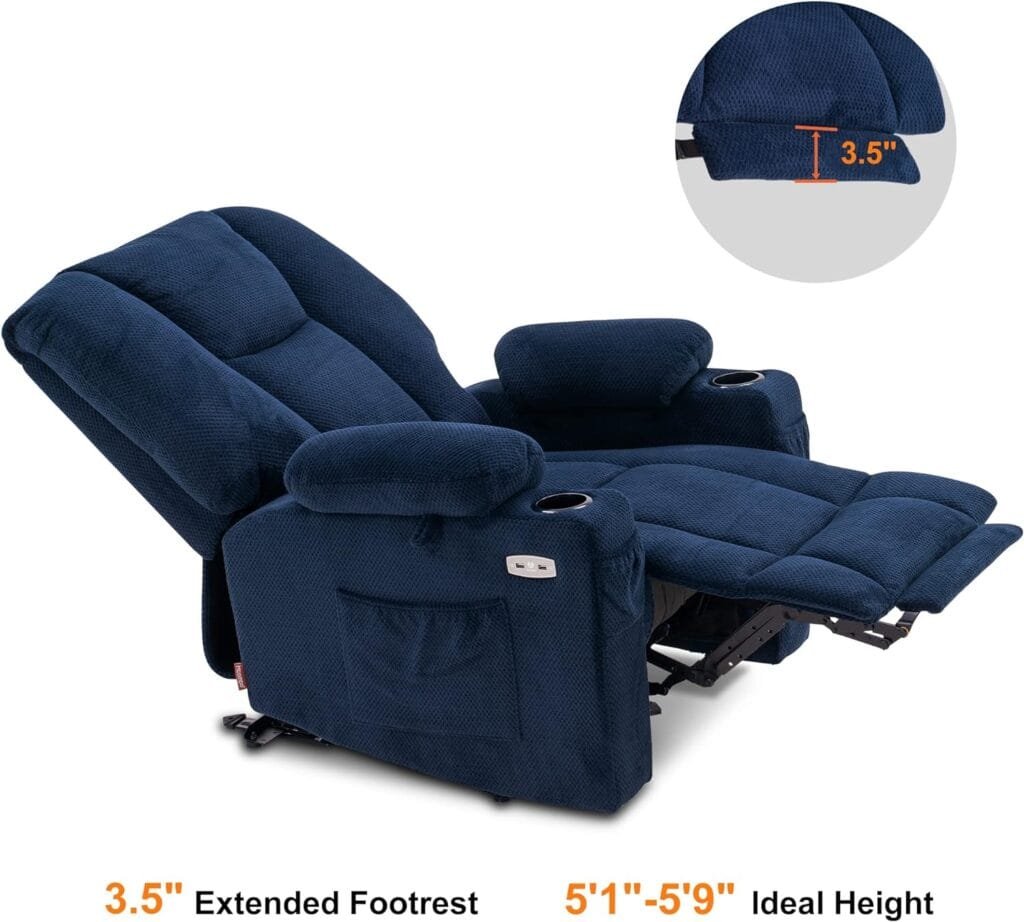 MCombo Fabric Electric Power Recliner Chair with Heat and Massage, Cup Holders, USB Charge Ports, Extended Footrest, Cloth Powered Reclining for Living Room 8015 (Navy Blue, Single Recliner)