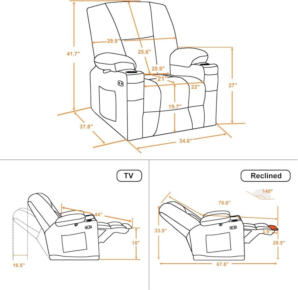 MCombo Fabric Electric Power Recliner Chair with Heat and Massage, Cup Holders, USB Charge Ports, Extended Footrest, Cloth Powered Reclining for Living Room 8015 (Navy Blue, Single Recliner)